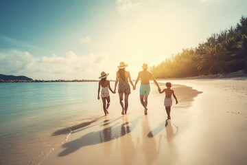 Fototapeta premium family walking on the beach at sunset