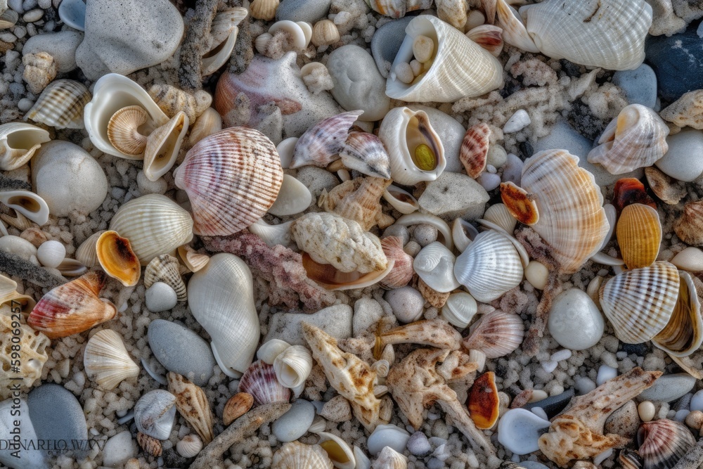 Poster seashells scattered on a sandy beach. Generative AI Generative AI