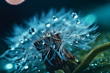 Dandelion Seeds in droplets of water on blue and turquoise beautiful background with soft focus in nature macro. Drops of dew sparkle on dandelion in rays of light. Created using generative AI.
