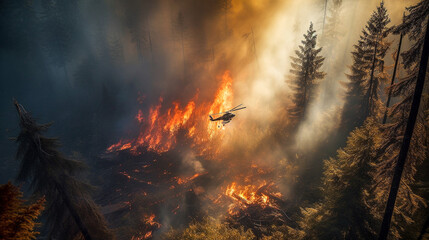 Helicopter fighting forest fire in nature. The burning flames are engulfing the trees. generative AI