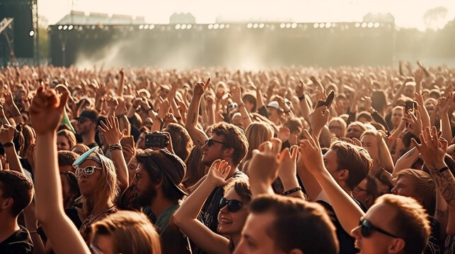Sold out crowd of people cheering at a concert during an outdoor music festival. generative ai