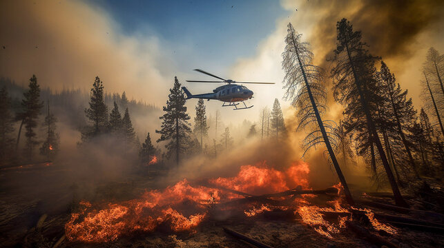 Helicopter fighting forest fire in nature. The burning flames are engulfing the trees. generative AI