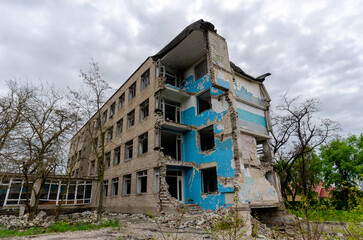 destroyed school building in Ukraine