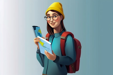 Teenage girl wearing beanie cap, glasses and a backpack. Student at school animated concept. 