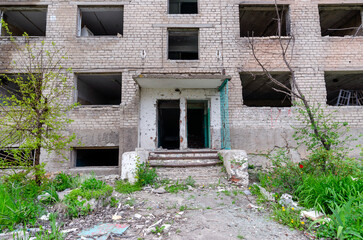 destroyed school building in Ukraine