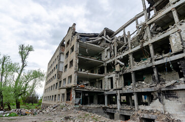 destroyed school building in Ukraine