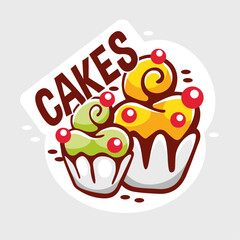 Vector illustration of a piece of cake and lettering Cake in cartoon style.