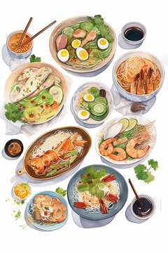 Vietnamese food in a bowls with chopsticks, shrimp, pieces of meat and vegetables, soup. Watercolor illustration of Asian Vietnamese cuisine
