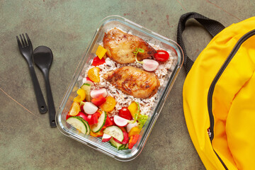 Healthy meal prep container with  chicken and vegetable salad. Top view
