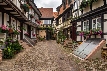 Typical half-timbered houses lined along a pedestrian street in Gengenbach, a tourist town in Black...