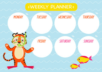 Childish cute week planner. Horizontal. With cute Tiger character, swimming mask and fins. Vector graphic.