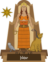 Illustration vector isolated of Mesopotamian mythical god, Ishtar, Inanna, beauty, sex, desire, fertility, war, justice, goddess.