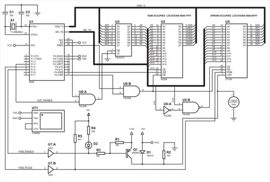 Schematic diagram of electronic device.
Vector drawing electrical circuit with microcontroller, voltmeter, ram and eprom chips, logic elements, resistor, capacitor and other electronic components.