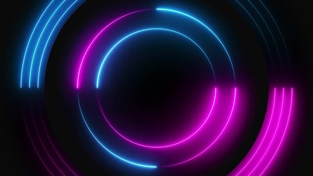 Futuristic neon glow circles motion design black background with blue and pink neon lines loop animation