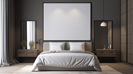 Modern bedroom interior with empty poster on the wall, generative ai