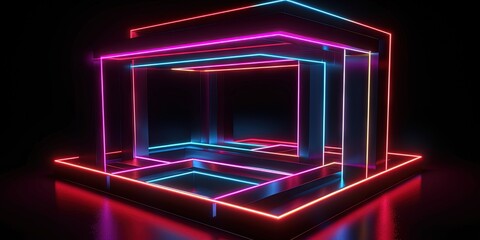 Neon Spectrum  Geometric Lines on Abstract Black Background in Square Frame, Generative AI