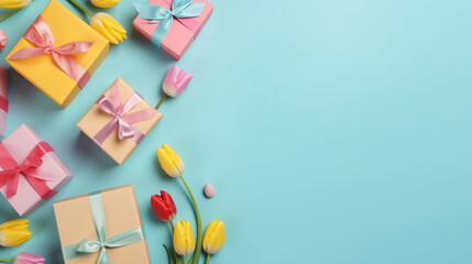 Mother's Day. Gift boxes with bows postcard with hearts and pink tulips flowers on isolated pastel blue background with blank space - Generative AI