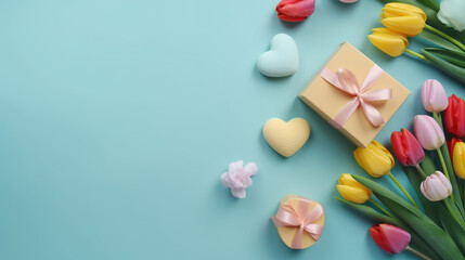 Mother's Day. Gift boxes with bows postcard with hearts and pink tulips flowers on isolated pastel blue background with blank space - Generative AI