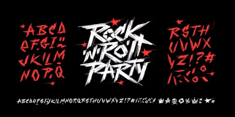Fotobehang Graffiti Rock'n'roll Party vintage style grunge type font alphabet with signs and symbols vector template. Street Art grunge type font. Punk Rock style elements collection for tee print and textile design   © VRTX