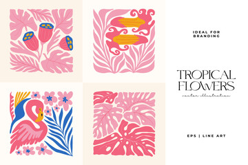 Floral abstract elements. Tropical Botanical composition. Modern trendy Matisse minimal style. Floral poster, invite. Vector arrangements for greeting card or invitation design