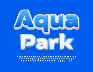 Vector bright banner Aqua Park. White and Blue bright Font. Creative Alphabet Letters and Numbers
