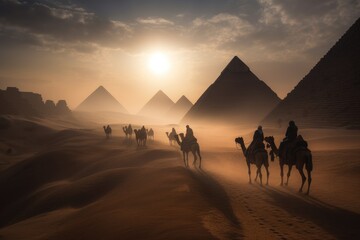 Fototapeta na wymiar Pyramids of giza, camel in the desert. Generative AI.