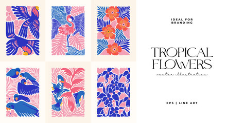 Obraz premium Floral abstract elements. Tropical Botanical composition. Modern trendy Matisse minimal style. Floral poster, invite. Vector arrangements for greeting card or invitation design