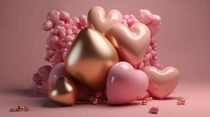 Pink heart-shaped balloons, gold, white, and transparent balloon theme designs, suitable for Valentine's Day, Mother's Day - Generative AI