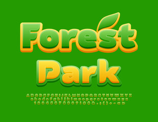 Vector artistic emblem Forest Park with Decorative Leaf. Bright Creative Font. Modern Alphabet Letters and Numbers set