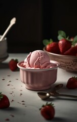 Strawberry Ice Cream with Fresh Strawberry and Wafer. Generative AI.