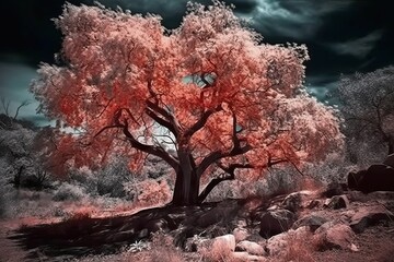 Fototapeta na wymiar Tree nature landscape, Forest pink black and white tone, art style (Ai generated)
