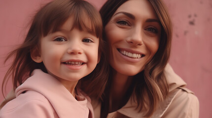 Mother and child smiling outdoors in front of a pink background - Generative AI