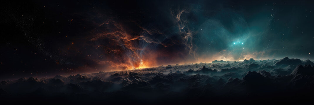 Colorful space galaxy, fire in the sky. Wallpaper background, widescreen banner.