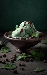Mint Chocolate Chip Ice Cream with Whipped Cream and Cherry. Generative AI.