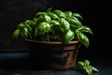 Basil leaf in a pot, dark background (Ai generated)