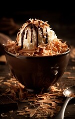 Coconut Ice Cream with Shredded Coconut and Chocolate Drizzle. Generative AI.