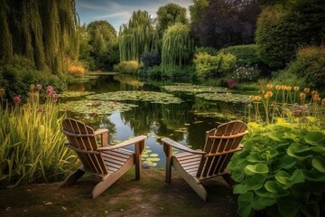Fototapeta premium picnic in the garden, chair and pond