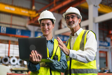 The project manager and engineers are inspecting workpieces and checking standards and safety for products and safety in the factory. Technician and Female Worker Talking on a Meeting in a Factory.