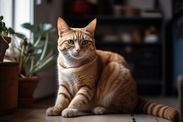 Ginger cat sit on floor of cozy living room