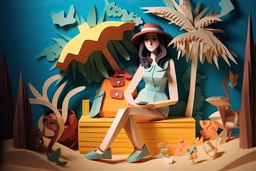 Obraz na płótnie Canvas Girl travel in summer vacation paper sculpture (Ai generated)