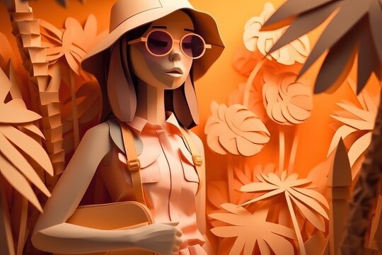 Girl travel in summer vacation paper sculpture (Ai generated)
