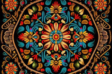 mexican folk floral ornament on black background. Generative AI