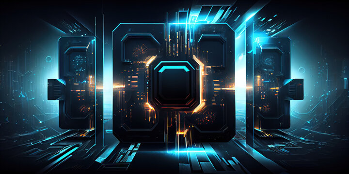 Abstract hi-tech futuristic background, connection of modules in blue neon light. Generative AI
