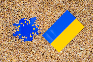 Export of Ukrainian grain concept. Frag of the European Union and Ukraine against the background of...