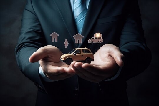 Insurance: Businessman Holding Protective a car
, A businessman stands confidently while holding a protective car, representing the importance of insurance in protecting (Ai generated)