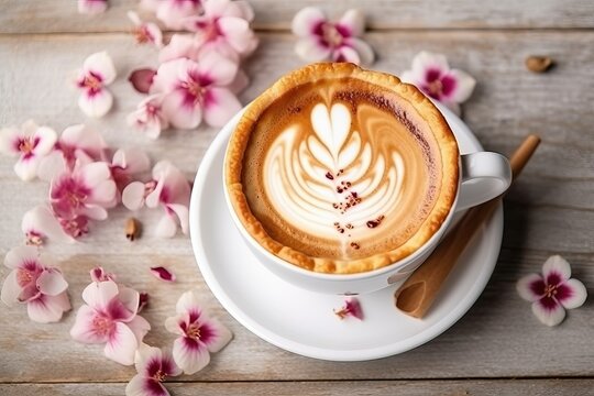 Latte art. Coffee mug with cherry blossom (Ai generated)