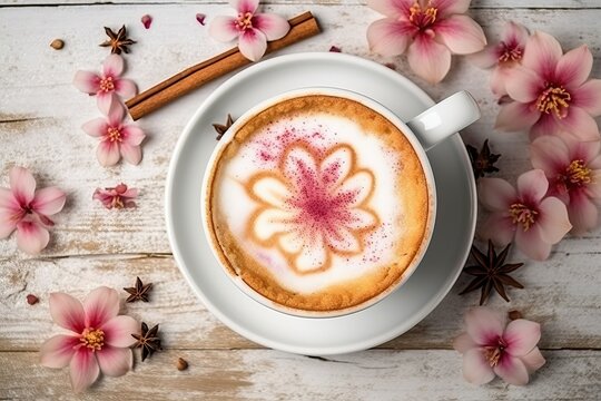 Latte art. Coffee mug with cherry blossom (Ai generated)