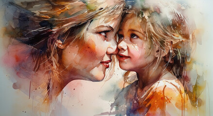 Woman with a child, Mother’s Day watercolor painting banner with flowers - Generative AI