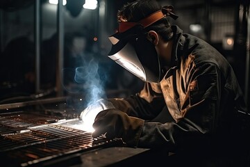 Man weld at the factory, industry work