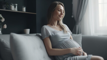 A pregnant woman smiles and happiness sits on the couch freely and strokes her belly feeling kicks with the baby - Generative AI